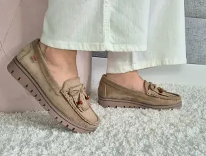 Mokasyny Damskie Beżowe Boho Z Frędzlami 