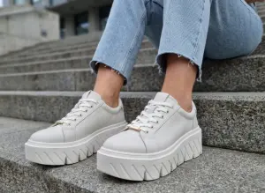 Buty Na Platformie Sneakersy Damskie Skórzane Beżowe