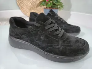 Czarne Skórzane Buty Damskie Zamszowe Szyte 