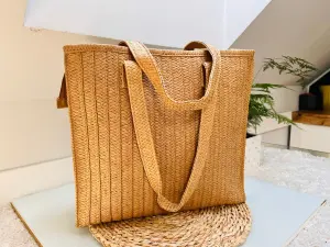 Duża Torebka Damska Shopper Pleciona Beżowa Z Rączkami 