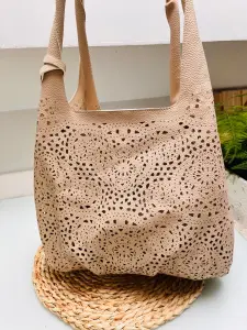 Duża Torebka Damska Shopper Beżowa Ażurowy Wzór